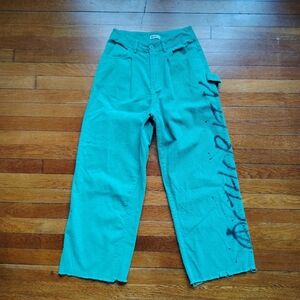 Miui-T Corduroy Pants Size 28" Green Baggy Y2K Wide Leg Graffiti Detail Raw Hem